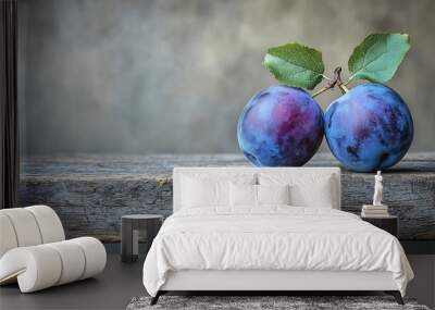 Two Ripe Plums on Wooden Table : Generative AI Wall mural