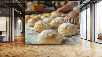 unbaked buns production of traditional sicilian food in an industrial bakery : Generative AI Wall mural