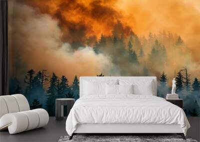 wildfires BC British Columbia Columbia Valley dramatic intense fire flames smoke natural disaster burning forest blaze wildfire environment nature landscape orange red heat growth : Generative AI Wall mural