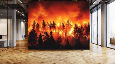 wildfires BC British Columbia Columbia Valley dramatic intense fire flames smoke natural disaster burning forest blaze wildfire environment nature landscape orange red heat growth : Generative AI Wall mural