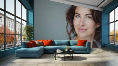 Woman portrait and hair care in studio with beauty from salon treatment cosmetics and shampoo shine Model person and smile with skincare for wellness dermatology and glowing on grey ba : Generative AI Wall mural