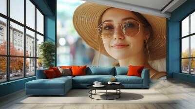 Woman portrait and shopping in store for fashion beauty or discount with bag sunglasses and clothes Girl sale and happy as customer in mall for designer luxury and retail therapy in bo : Generative AI Wall mural