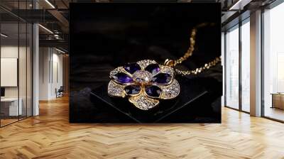 Women fashion beautiful 24K gold necklace with flower pendant and natural purple amethyst stone surrounded with swarovski on black square stone and black background : Generative AI Wall mural