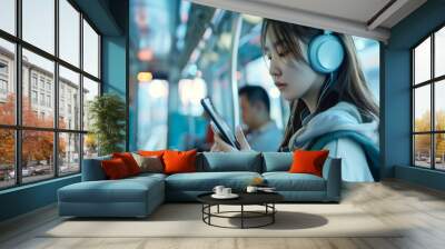 Young Asian Woman Passenger and Listening Music Using Mobile Smartphone in Subway Sky Train Lifestyle in City and Daily Urban Life Transportation Concept : Generative AI Wall mural