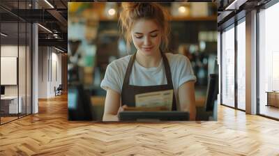 Young caucasian woman in apron working with cash box in coffee shop behind the counter Female worker barista waitress manager administrator checking bill order on digital cash register : Generative AI Wall mural