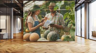 Young couple farmers checking their cantaloupe melons farm woman and man check quality melon together and take notes on paper in the garden greenhouse Agricultural fresh organic concep : Generative AI Wall mural