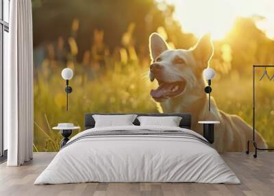 young dog in sunset sunbeams stands in full growth on green natural meadow with bright grass Smiling happy active pet enjoying summer day outdoors Long horizontal banner : Generative AI Wall mural