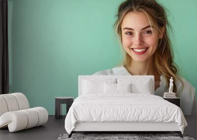 Young happy fun woman wear white clothes holding in hand pice of cake dessert lick fingers isolated on plain pastel light green background Proper nutrition healthy fast food unhealthy  : Generative AI Wall mural