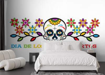 Dia de los Muertos, Day of the Dead vector illustration. Design for banner or party flyer with sugar skull, flowers and decorative border. - Vector Wall mural