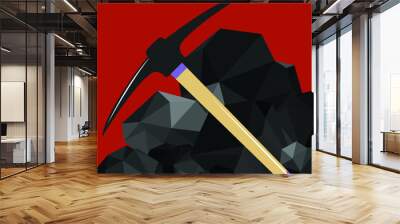 Pile of charcoal, graphite coal,lump of coal with pickaxe Wall mural