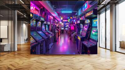 A colorful arcade filled with retro video games and flashing lights, capturing the nostalgia of 80s gaming culture Wall mural