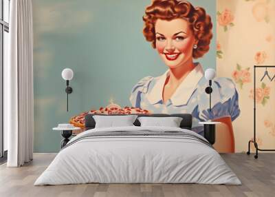 a vintage 1950s kitchen advertisement with a cheerful housewife holding a pie Wall mural