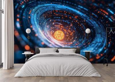 Abstract Blue and Orange Digital Vortex Tunnel Background Wall mural