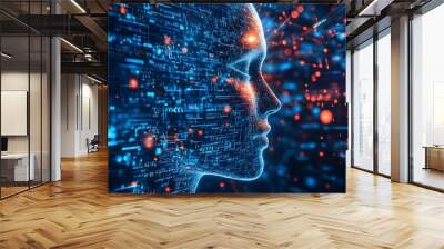 Digital Human Head With Binary Code  AI  Technology  Futuristic Wall mural