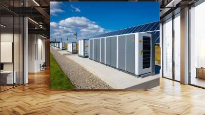 High capacity battery storage systems near solar panels under blue sky Wall mural