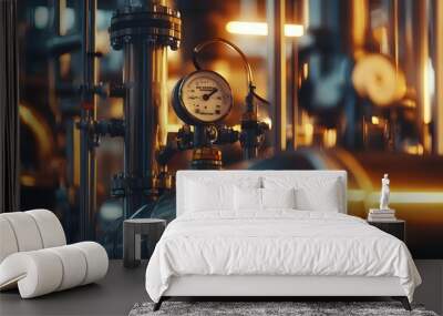 Industrial equipment and piping with pressure gauge in factory setting Wall mural