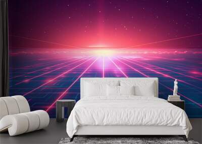 Retro-futuristic background with glowing neon grids and perspective effects Wall mural