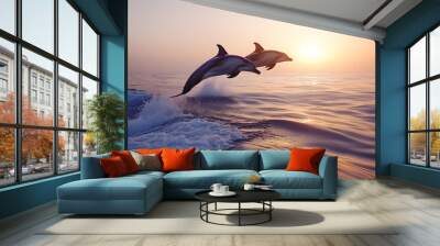 Two Dolphins Jumping in Sunset Ocean Wall mural