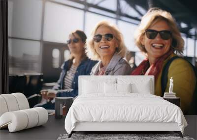 Group of three senior mature women having fun enjoying together. Waiting at the airport for a friends trip. Wall mural