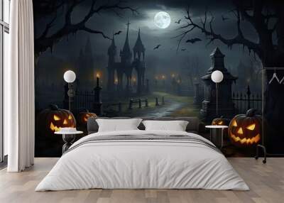 Jack O' Lanterns In Graveyard In The Spooky Night - Halloween Backdrop. Generative ai. Wall mural