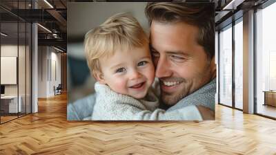 Adorable little blond boy playing with his caring father and biting his nose. Father is smiling, Generative AI Wall mural