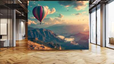 beautiful inspirational landscape with hot air balloon flying in the sky, travel destination Wall mural