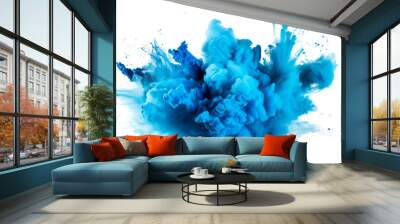 bright blue holi paint color powder festival explosion burst isolated white background. industrial print concept background Wall mural