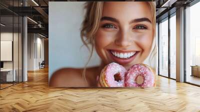 Cheerful young pretty woman enjoying while eating donuts, Generative AI Wall mural