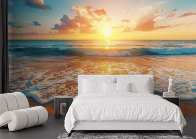 Closeup sea sand beach. Panoramic beach landscape. Inspire tropical beach seascape horizon. Orange and golden sunset sky calmness tranquil relaxing sunlight summer mood. Vacation travel holiday banner Wall mural