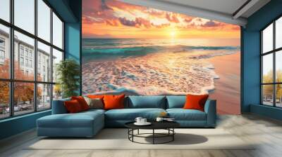 Closeup sea sand beach. Panoramic beach landscape. Inspire tropical beach seascape horizon. Orange and golden sunset sky calmness tranquil relaxing sunlight summer mood. Vacation travel holiday banner Wall mural