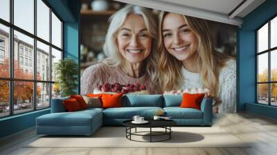 family, generation and people concept - happy smiling senior mother and adult daughter eating cake at home, Generative AI Wall mural