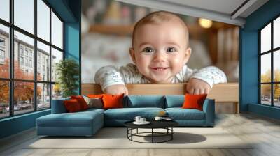 Funny baby face. Little cute newborn baby boy with  first milk or temporary teeth gnaws wooden crib. Adorable baby smiling in a crib in the childroom, Generative AI Wall mural