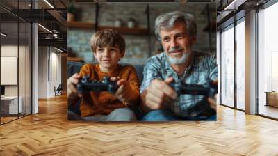 Male family leisure. Happy father and his son playing online video games and competing, using joysticks, Generative AI Wall mural