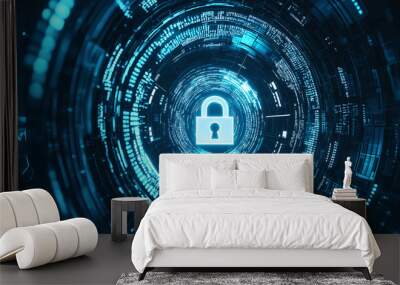 A digital padlock with binary code and futuristic circles on a blue and white background, concept of cybersecurity, Ai generated  Wall mural