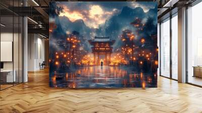 A martial artist stands victorious in an outdoor arena under a starry night sky, Ai Wall mural