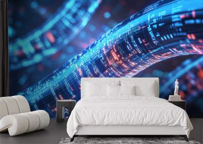 An long digital pipeline shaped by vibrant glowing blue matrix binary code, isolated background, Ai Wall mural