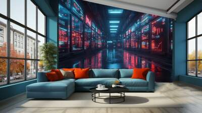 A futuristic stock market with neon lights and digital currency symbols Wall mural