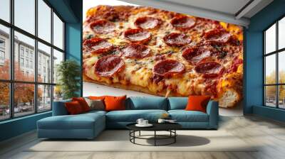 A slice of pizza with pepperoni and melted cheese, isolated on a white background Wall mural