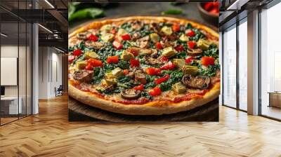 Classic vegetarian pizza topped with fresh spinach, artichokes, mushrooms, and bell peppers, served on a rustic wooden board Wall mural