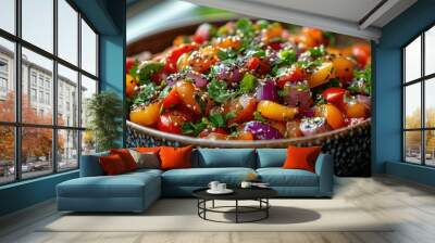 Colorful vegetable stir-fry, plain light background Wall mural