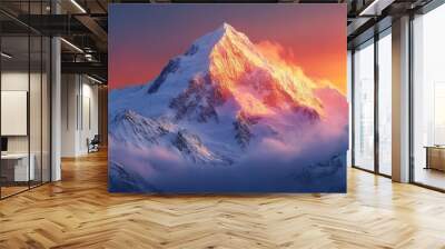 Majestic snowy peaks of the Alps, sparkling under a golden sunrise. Wall mural