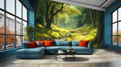 Tranquil woodland path beside a crystal-clear brook, rabbits hopping, birds singing, tall ancient trees providing shade, soft light filtering through Wall mural