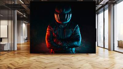 motorcyclist with black helmet at night and crossed arms Wall mural