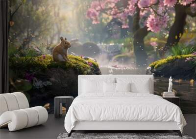 A Tranquil Forest Stream with a Rabbit Wall mural