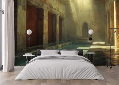 Ancient Stone Building with Pool and Sunlight Wall mural