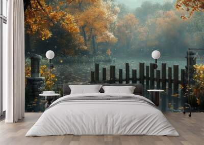 Autumnal Foggy Lake with Fallen Leaves and a Wooden Fence Wall mural