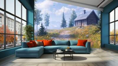 Charming Log Cabin in a Mountain Meadow Wall mural