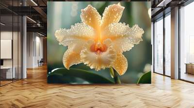 Close-Up of a Dew-Covered Orchid Flower Wall mural