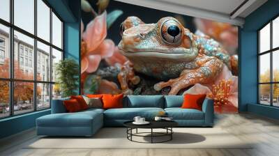 Close-Up of a Frog Resting on a Pink Flower Wall mural