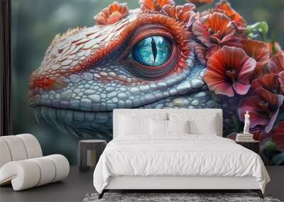 Close-Up of a Lizard with Flowers on its Head Wall mural